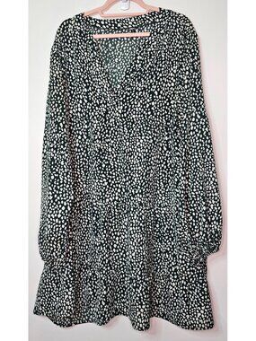 Brovave Tiered Peasant Puff Sleeve V-Neck Mini Dress Tunic 3XL Pebble Ditsy Dot